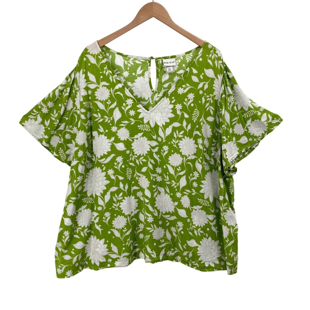 Ava & Viv Womens 4X Plus Green White Floral Linen Rayon V Neck Keyhole Blouse